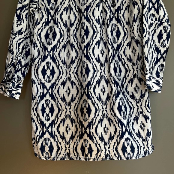 Athleta Printed Kaftan Shirt Dress Tunic Navy Blue White Ikat Medium Cover Up - Picture 12 of 16